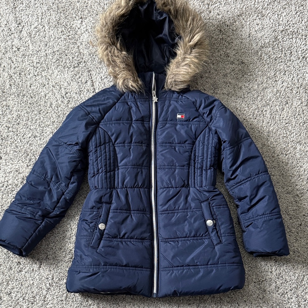 Tommy Hilfiger Kids Dark Blue Puffer Coat with Faux Fur Hood